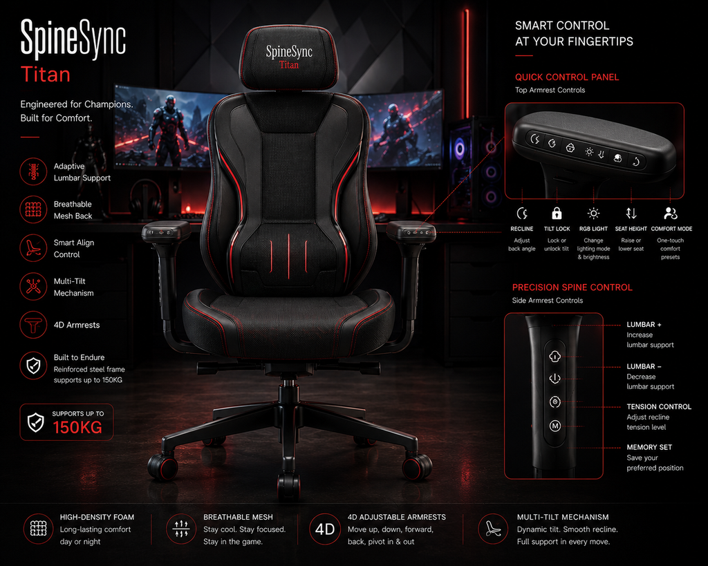 Gaming chair with SpineSync Titan technology features and controls displayed on a dark background.