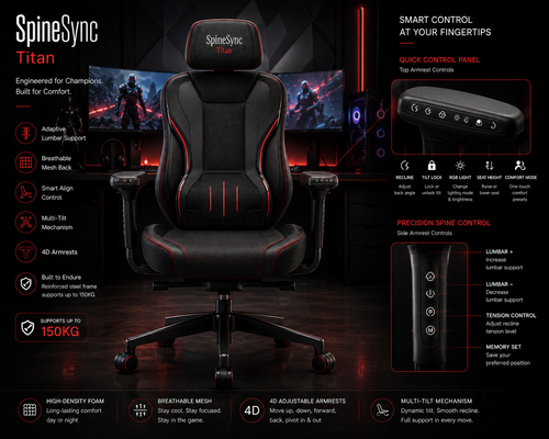 Gaming chair with SpineSync Titan technology features and controls displayed on a dark background.